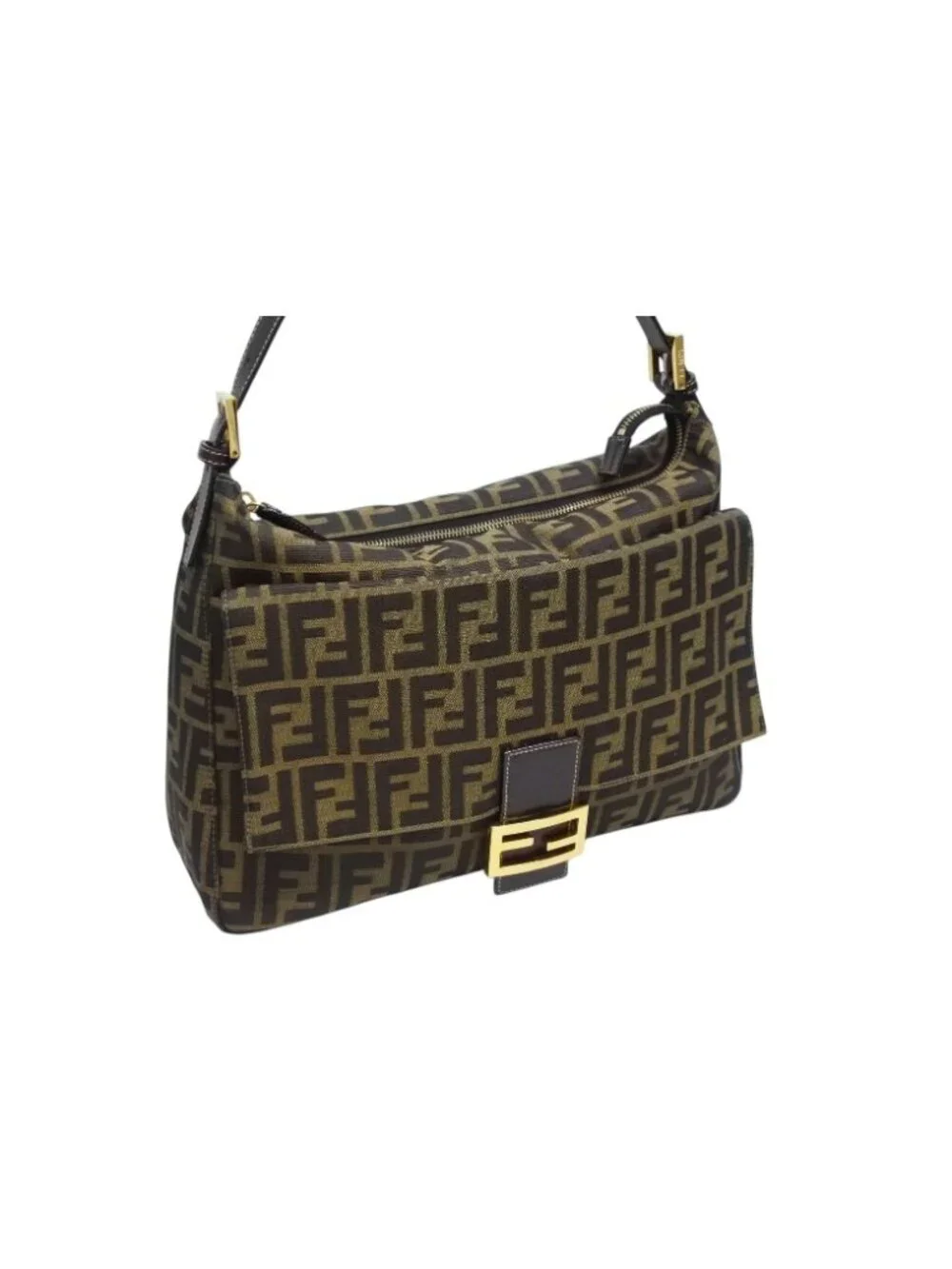 Fendi Mamma Baguette Handbag Zucca Pattern Brown Leather Canvas Gold